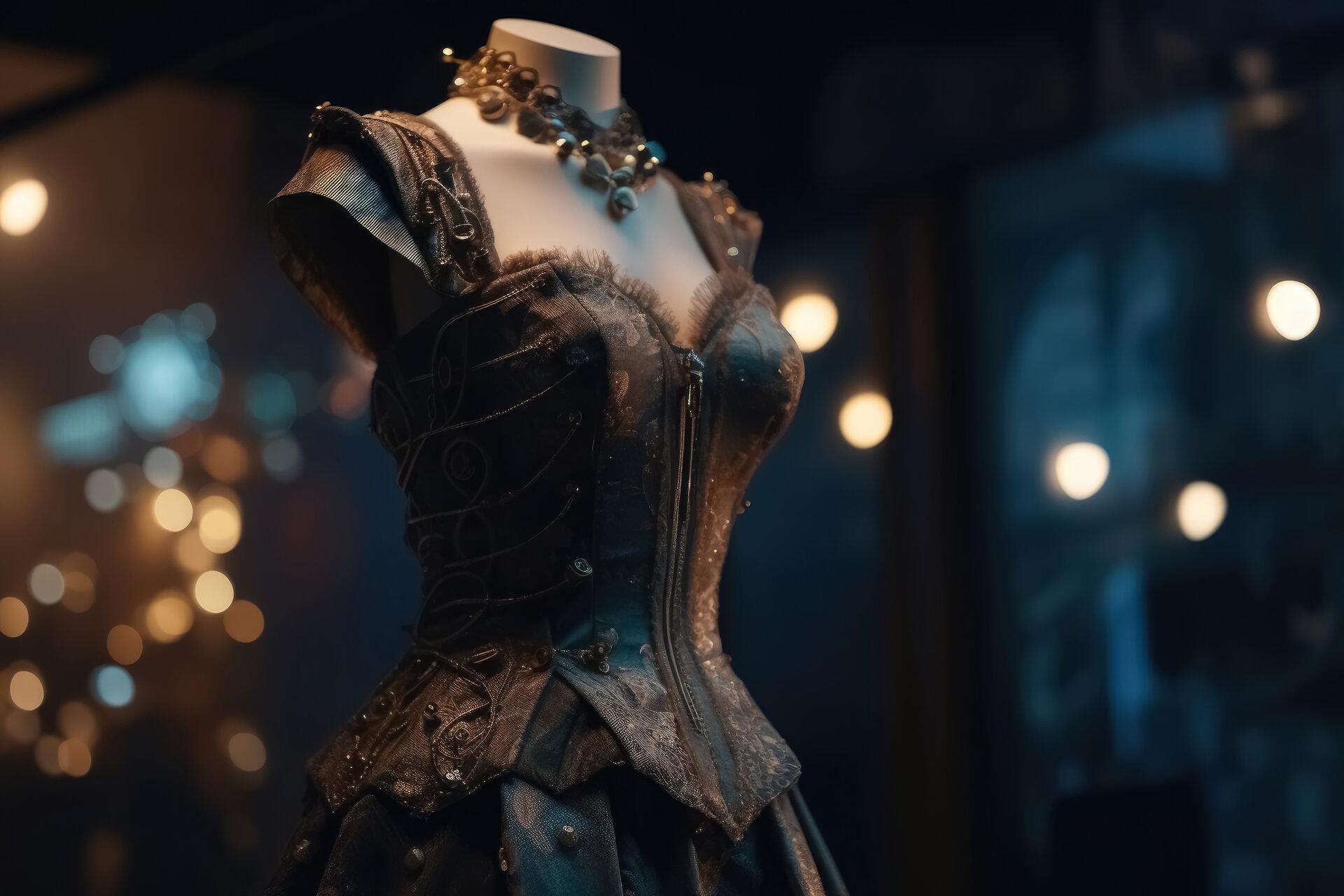 An innovative and elegant dress in a steampunk look on a Mannequin with soft bokeh lights, created with generative AI technology