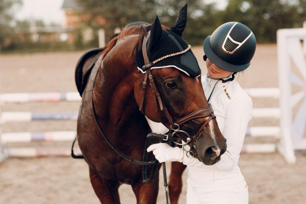 Female rider gently holding her show horse in a warm-up arena – showcasing trust in top-level equitation horses for sale.